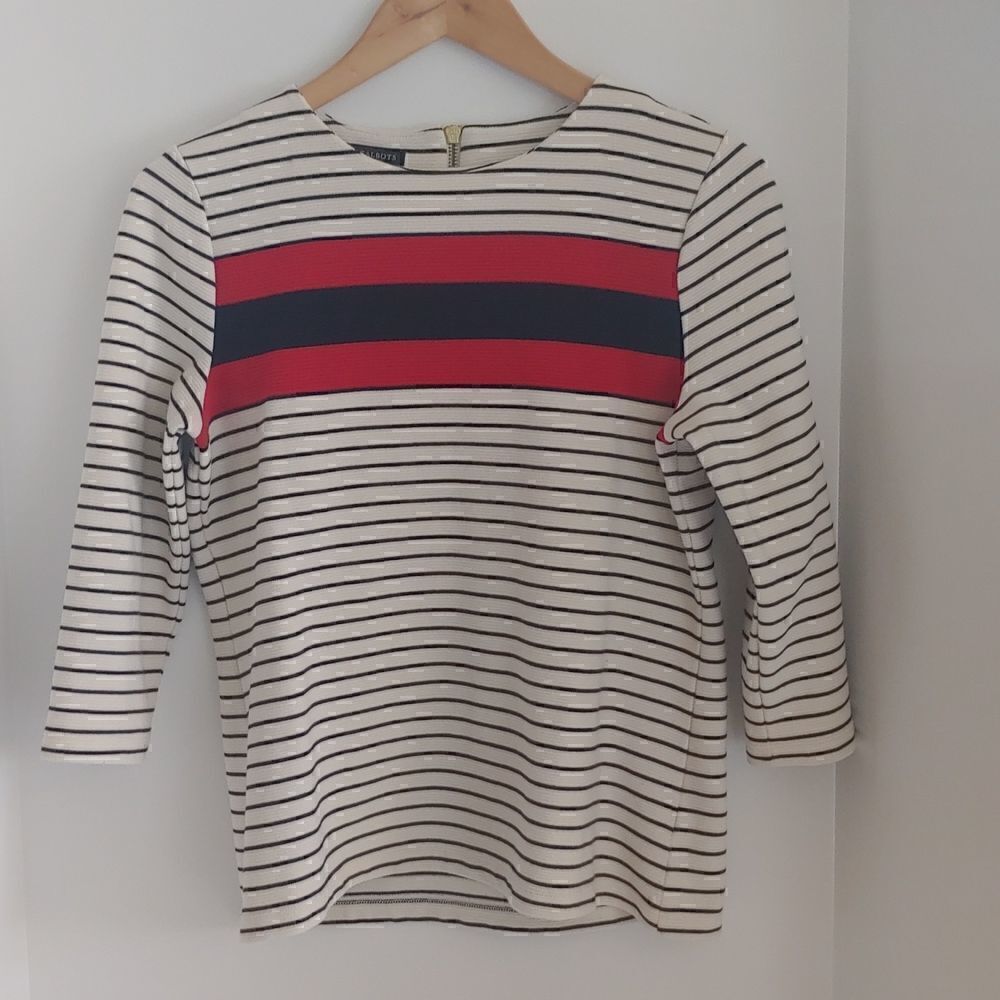 Talbots Petites 3/4 sleeve Striped Knit Top Navy Blue, Red, and White Size MP